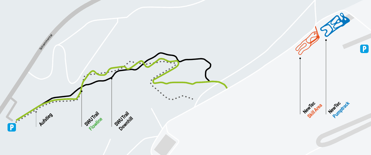 Trailpark Ulm Streckenplan mit verschiedenen Trails und Parkplätzen.